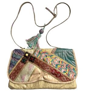 Vintage Carlo Fiori Italy Snakeskin Patchwork Leather Crossbody Bag Chunky Beads